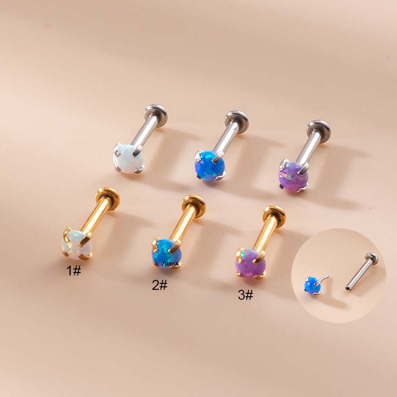 1pc Cincin Tindik Bibir Labret 16Gauge Bahan Stainless Steel Hias Batu Opal 3mm