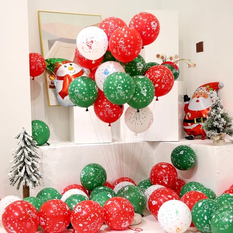 10Pcs Pack Red and Green Color Christmas Latex Print Balloons/ CHristmas Decorations for Santa Claus