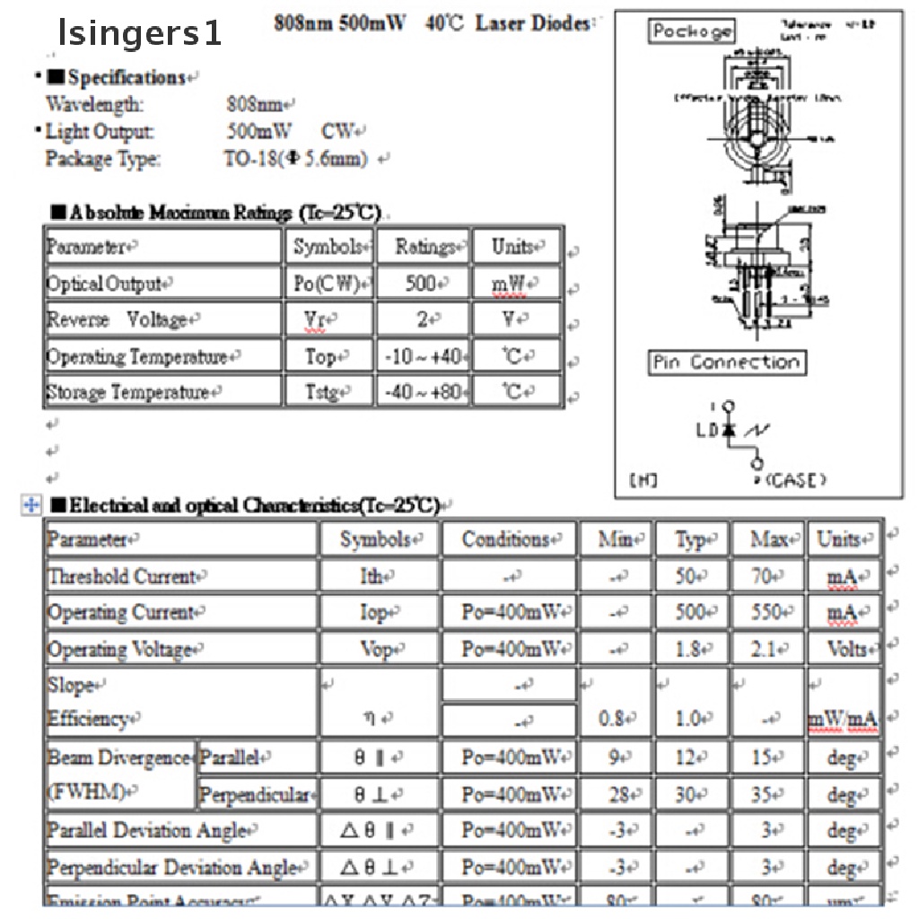 (lsingers1) 1pc Dioda laser 808nm 500mW / TO18 (5.6mm) no PD Kualitas Tinggi