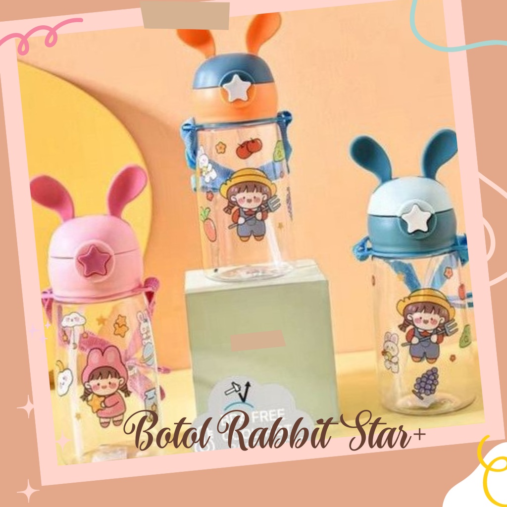 Botol Minum Anak Sekolah Karakter Rabbit Kelinci 500ml Ada Stiker Lucu dan Tali Panjang