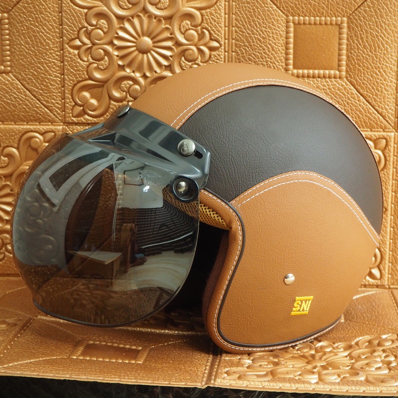 HELM BOGO KULIT CLASSIC SNI DEWASA PRIA DAN WANITA HELMET BOGGO RETRO KLASIK LEATHER SINTETIS KACA DATAR CEMBUNG WARNA COKLAT MUDATUA