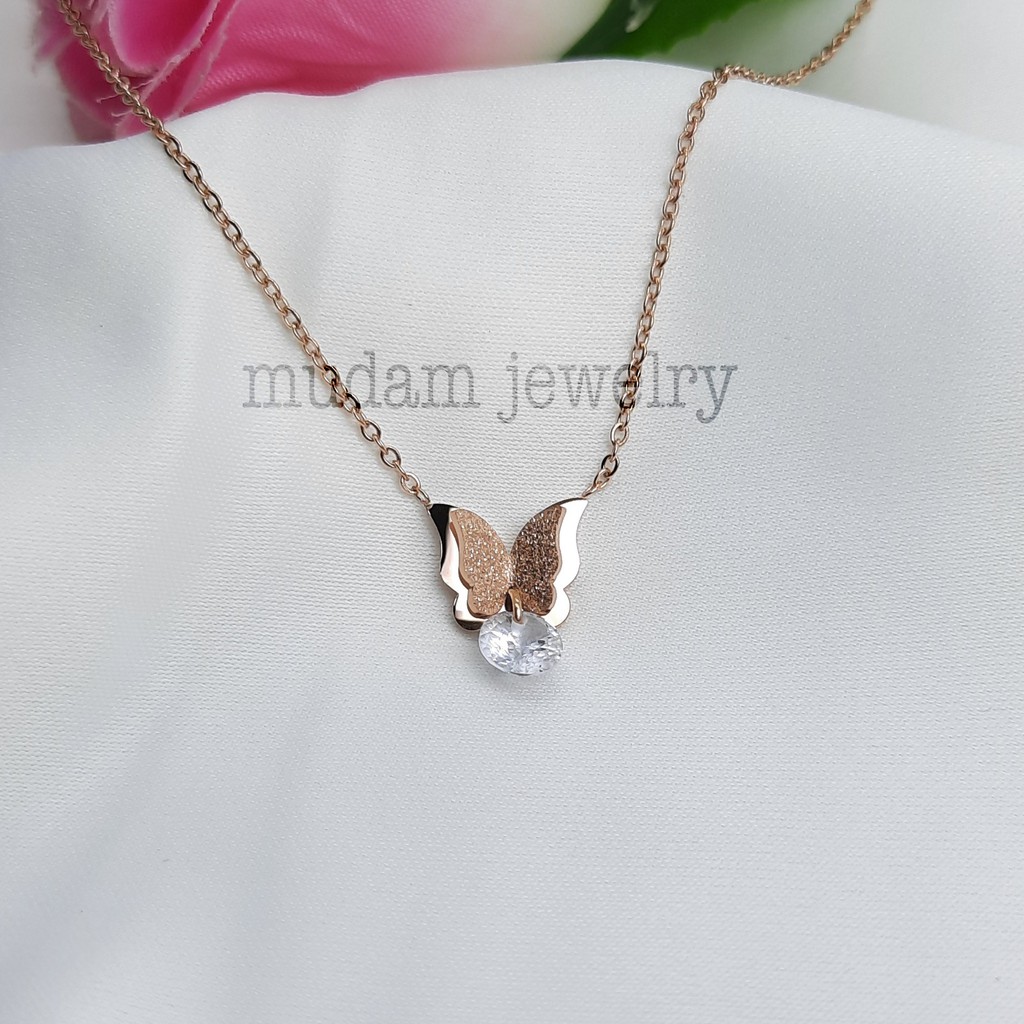 Kalung Titanium Kupu-Kupu Diamond Gantung Tersedia Warna Rosegold, Gold dan Silver