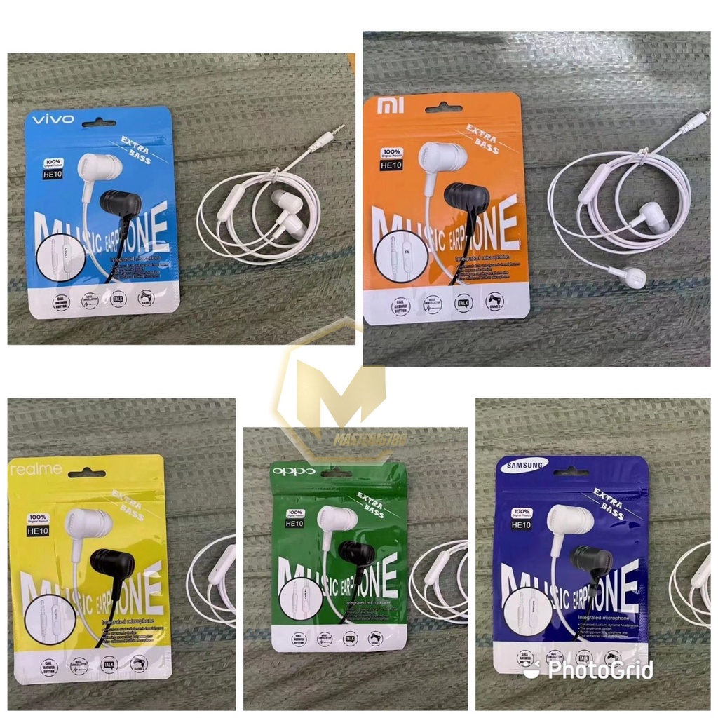 HF HEADSET EARPHONE HEADSFREE BRAND HE10 EXTRA BASS OPPO SAMSUNG VIVO XIAOMI REALME + MIC BISA TELEPON AN SUARANYA MANTAP MA3582