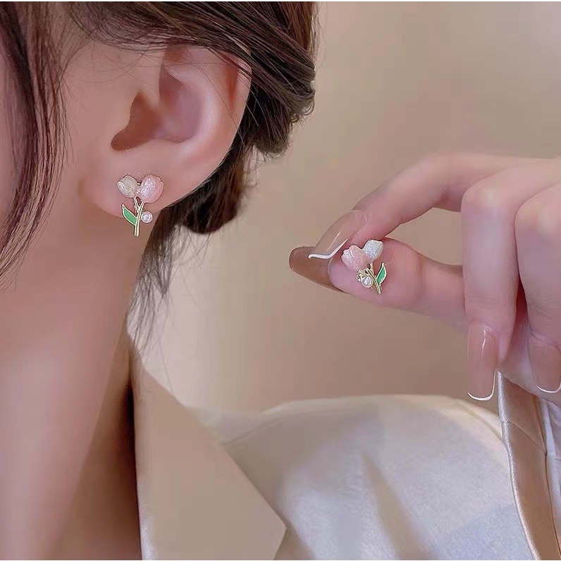 Anting Dan Kalung Rantai Liontin Hati Tulip Peach Warna Pink Gaya Korea Untuk Wanita