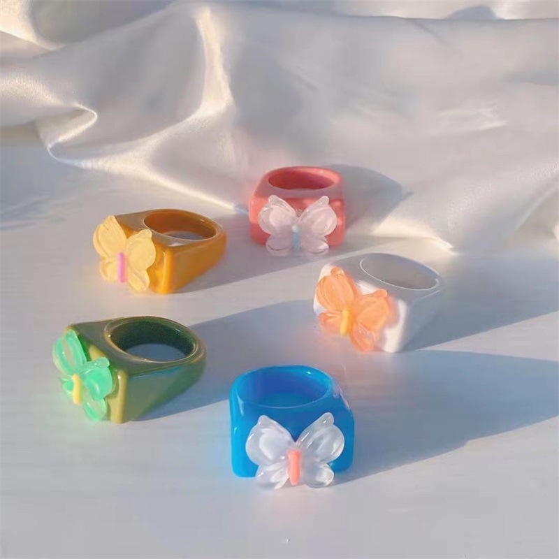 Perhiasan Cincin Batu butterfly Bahan resin Warna Permen Untuk Pria Dan Wanita