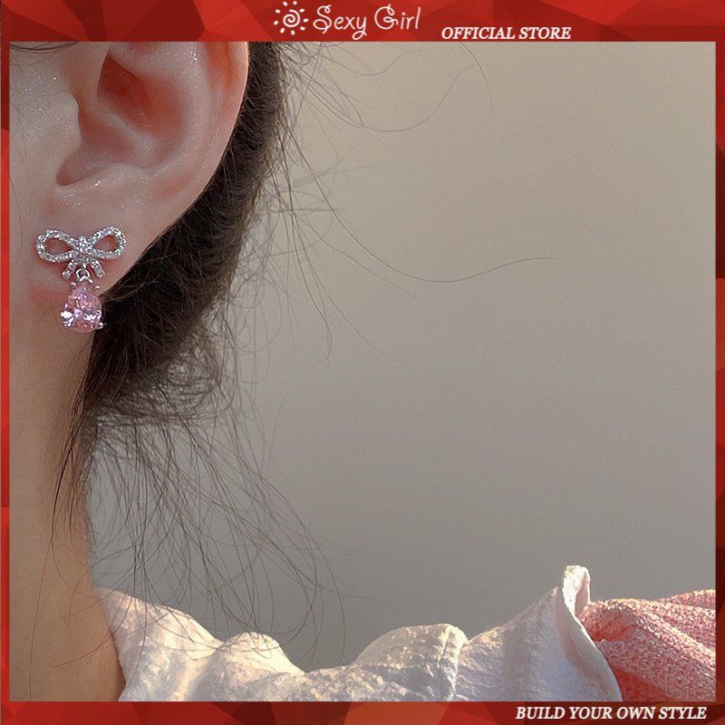 Anting Stud 925 Silver Needle Bentuk Pita Hati Bahan Zirkon Warna Pink Untuk Wanita