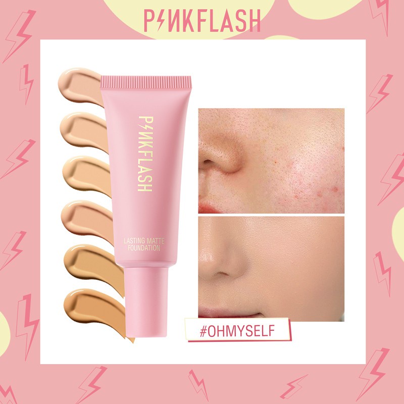 Pinkflash Foundation Matte Full Coverage Tahan Lama Mengontrol Minyak Untuk Makeup 6 Colors with Spons