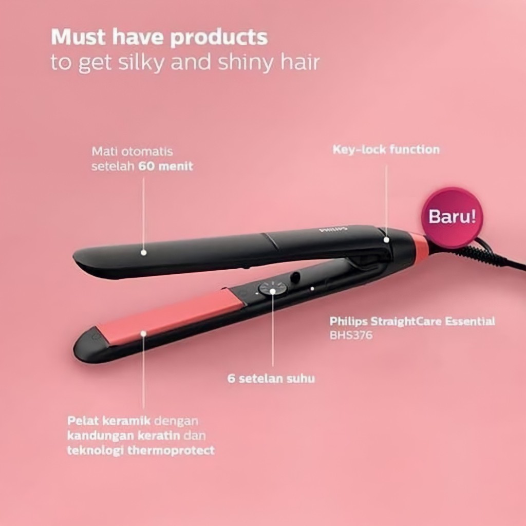 BERKAH OLDSHOP 88 - ORIGINAL PHILIPS BHS376/00 Keratin Ceramic Hair Straightener BHS376