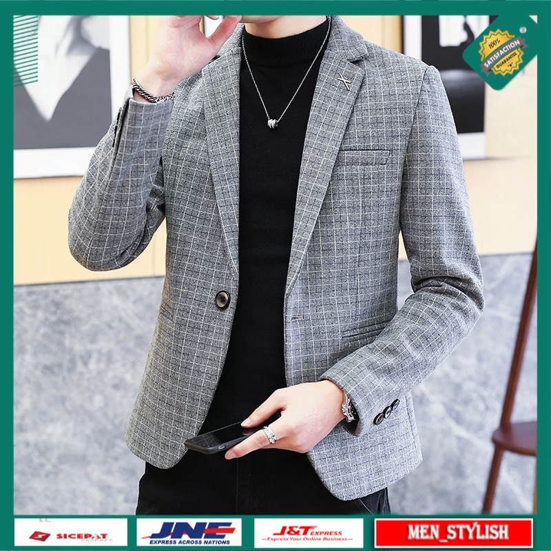 Blazer Pria Casual Premium Autumn Winter New Men's Suit Jacket Korea Slim Plaid Coat High Quality Si