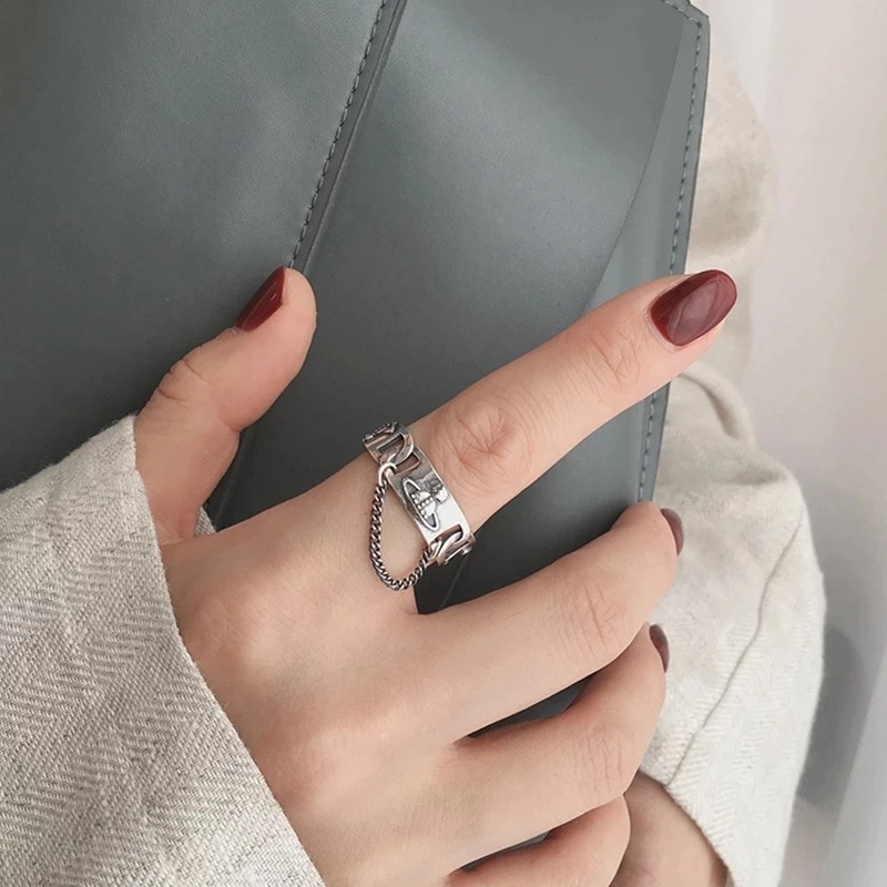 Unisex Vintage Perak Terbuka Cincin Rantai Pesta Ukuran Yang Dapat Disesuaikan Elegan Retro Rings Perhiasan Desain Planet Globe Tipis Fashion Alloy