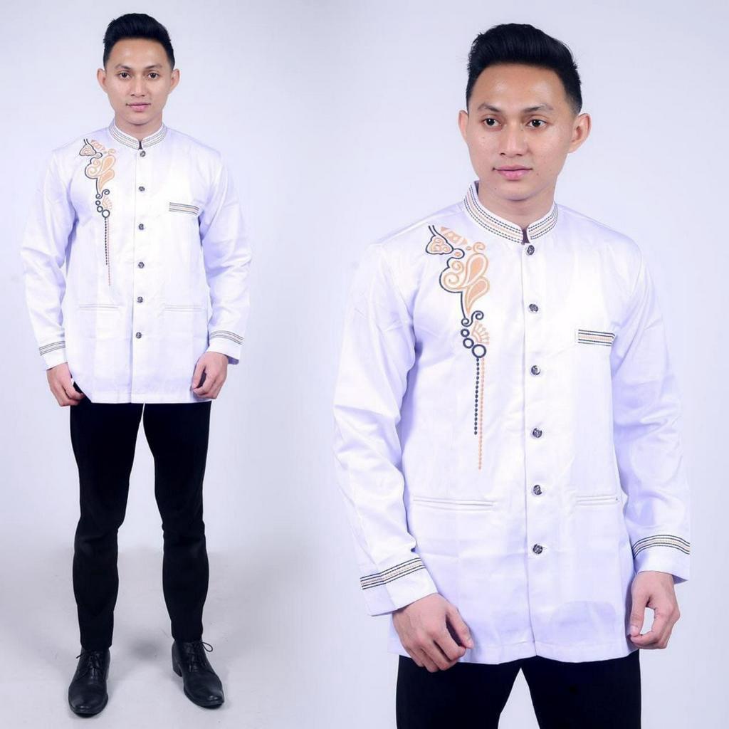 Nazilla Batik - Baju Koko Pria Lengan Panjang Putih