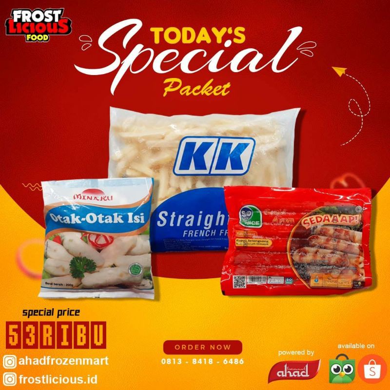 

Paket Hemat Spesial Frozen Food - KK French Fries Kentang 1000gr Minaku Otak otak So Nice Sosis