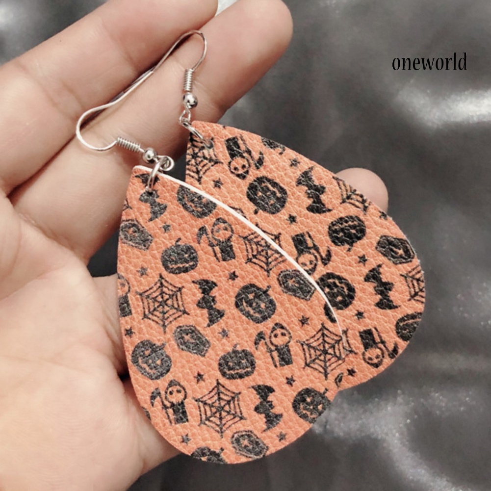 OW@ Halloween Skull Pumpkin Teardrop Faux Leather Drop Dangle Women Hook Earrings