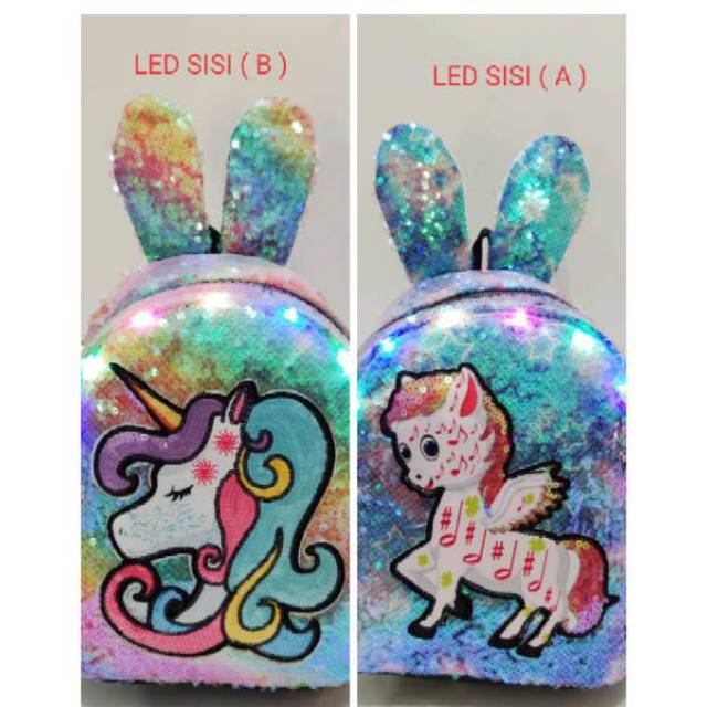 RANSEL USAP SEQUIN UNICORN LED NYALA GAMBAR GLITTER TK SD