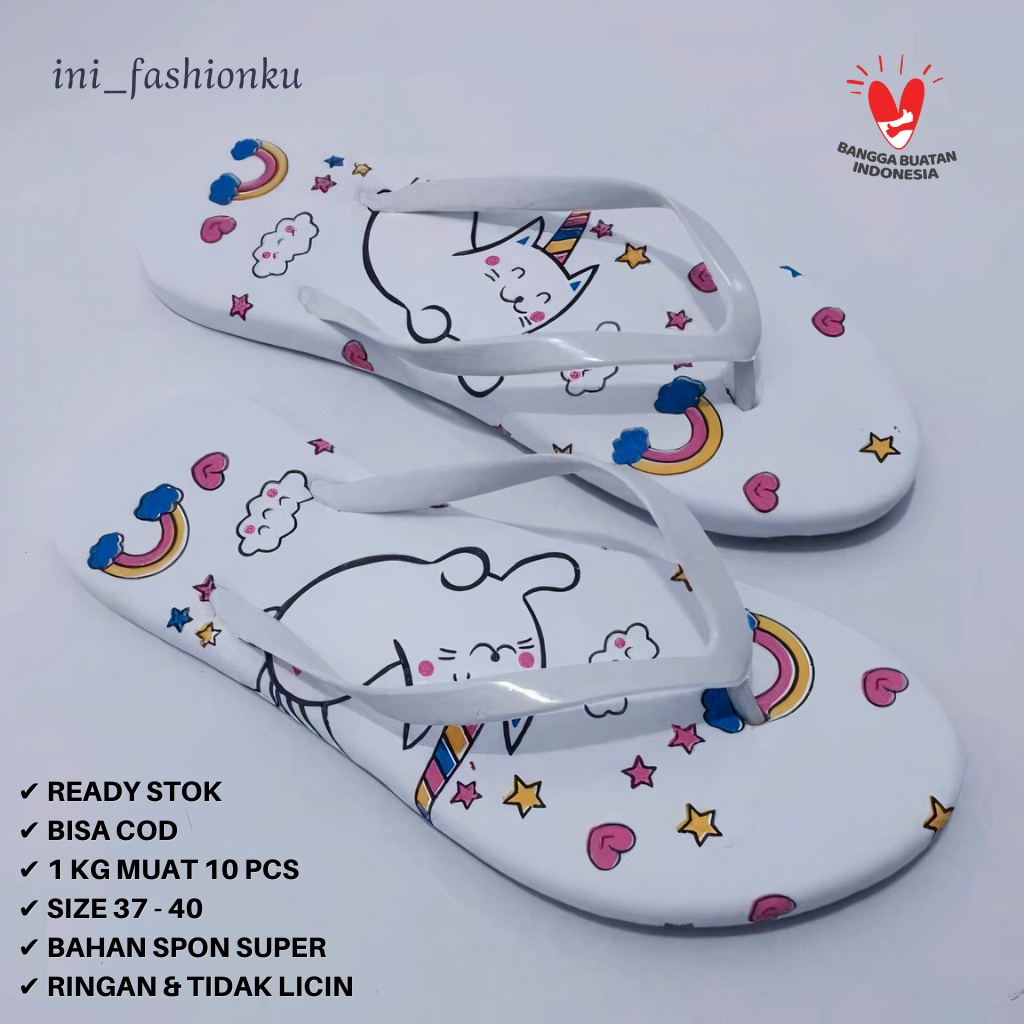 ( BISA COD ) SANDAL JEPIT SPON SENDAL SEPIT MOTIF PELANGI KUCING UNICORN BISA GROSIR