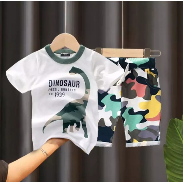 Set Terbaru | Setelan Baju Kaos Anak Laki-laki Dan Perempuan Setelan Baju Kaos Dino Army Anak Umur 1-5 Tahun