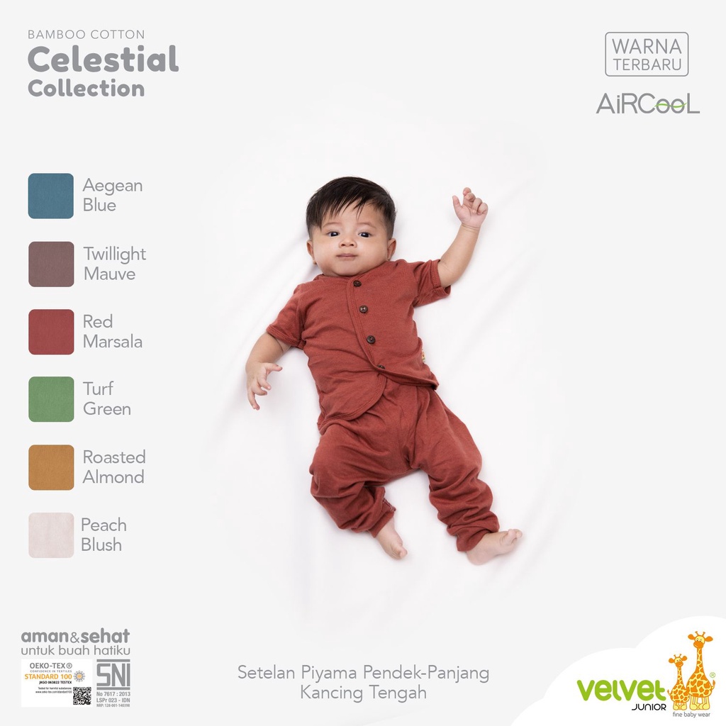 Baju Bayi Piyama Anak Setelan Pendek Celana Panjang Kancing Tengah 0-12 Bulan Velvet Junior Aircool Celestial Series