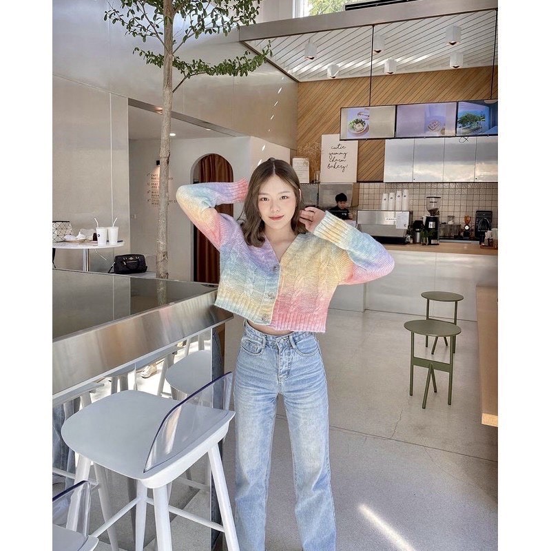 Jisoo Rainbow Knit Cardigan Button Cardi Korean oversize outer rajut rainbow vintage cardy sweater