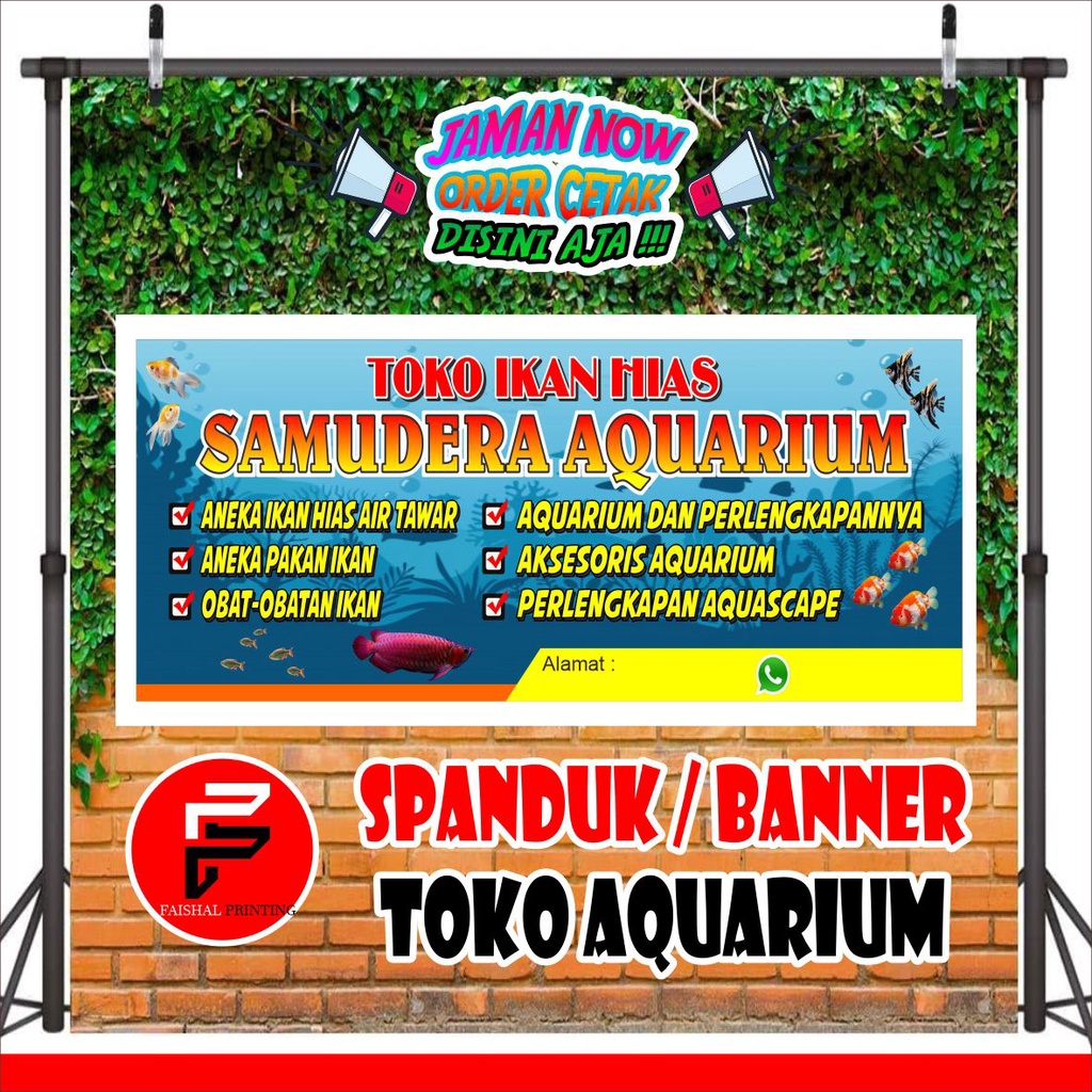 banner / spanduk / backdrop usaha toko ikan hias aquarium ukuran 3 x 1 meter