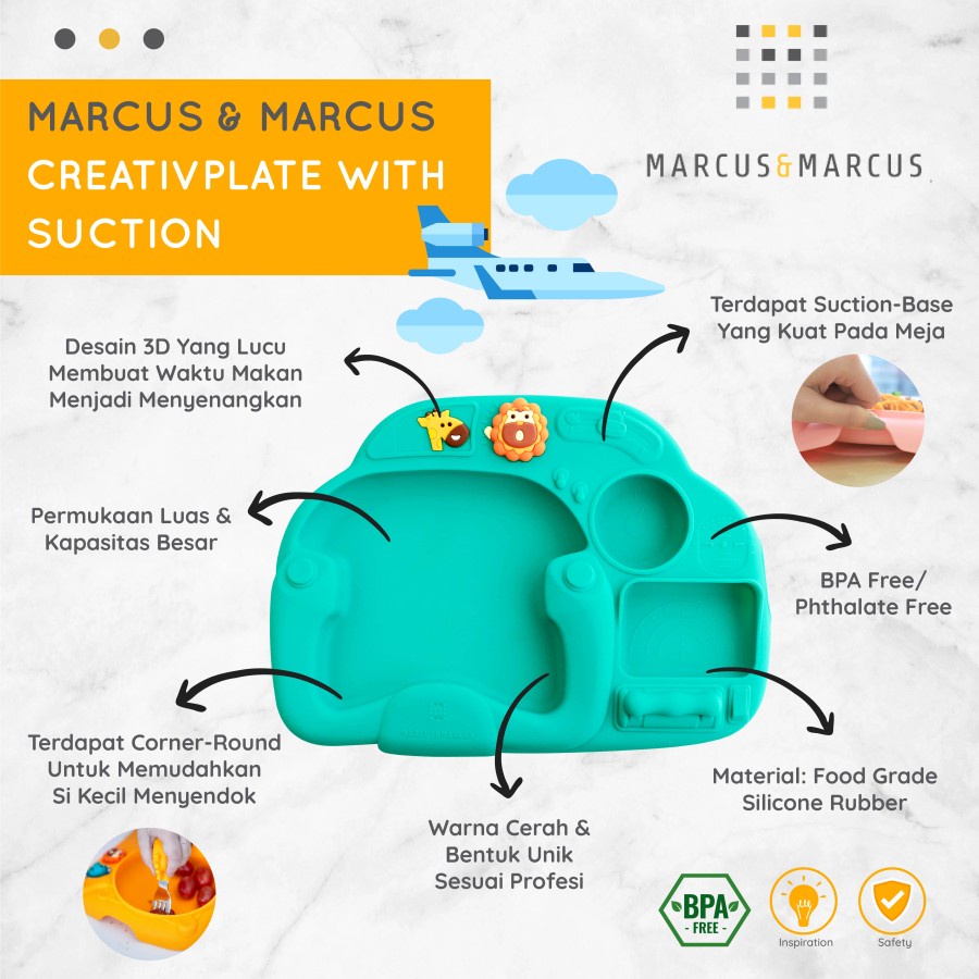 Marcus &amp; Marcus Creativplate With Suction - MarcusMarcus Silicone Plate Pilot Green - M&amp;M Piring Makan Anak Bayi