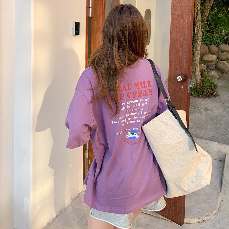 #Sisjuly# Kaos Lengan Pendek Wanita Wanita Hong Kong Gaya Retro Sablon Huruf Atasan Longgar Setengah
