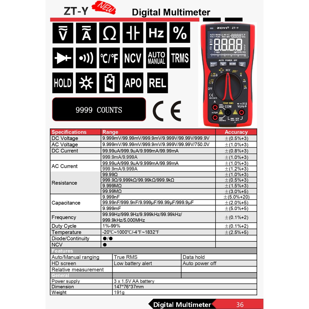 Zoyi ZT-Y Avometer Multitester Multimeter HZ Digital Pengukur Listrik