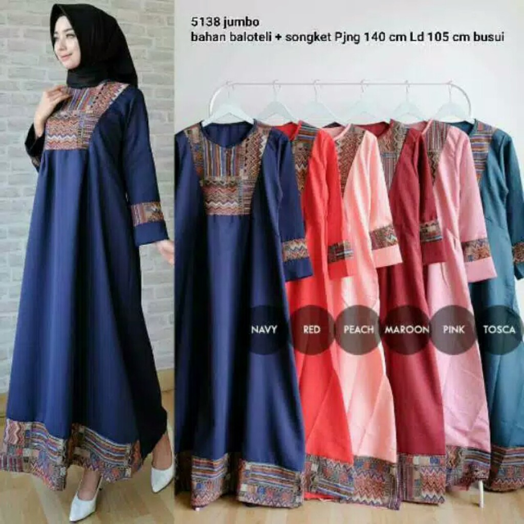 Gamis dot bahan baloteli kombinasi songket 5138