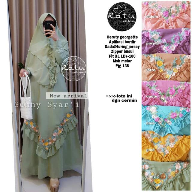 PROMO  Sunny Gamis syari set Khimar Hijab Ceruty Georgette Aplikasi tulle Bordir Gamis Pesta