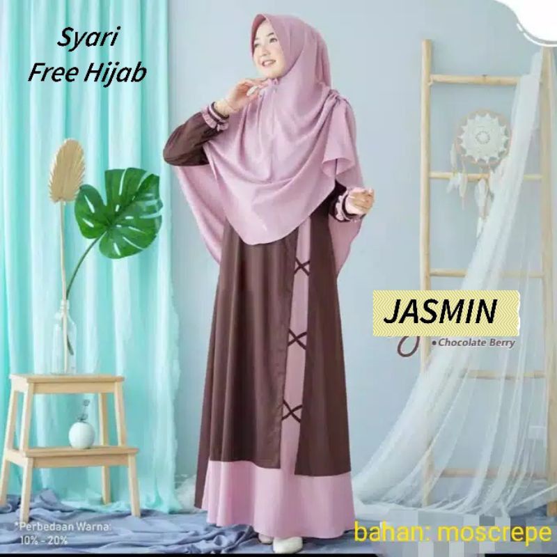 Baju Gamis Dress Syari Busui Wanita Muslim Free Plus Hijab Khimar Kerudung Ukuran S M L XL JASMIN Po