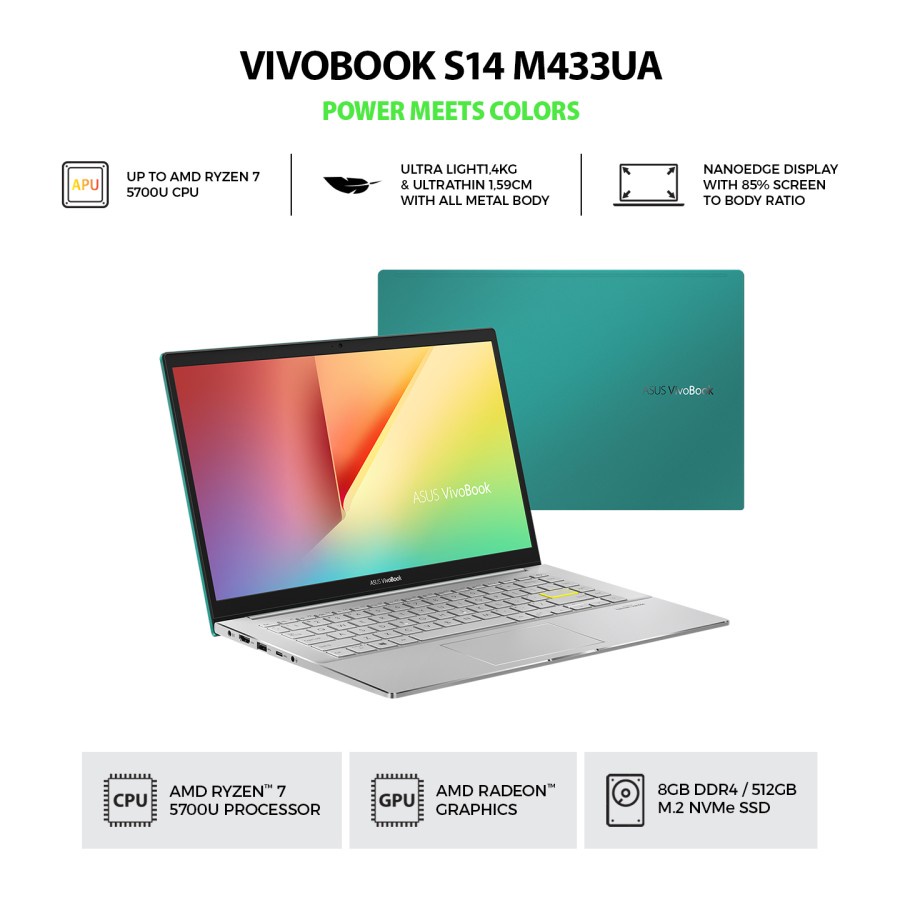 ASUS VivoBook S14 M433UA-EB752TS - AMD Ryzen™ 7 5700U 8GB / 512GB Garansi resmi ASUS 2 Tahun