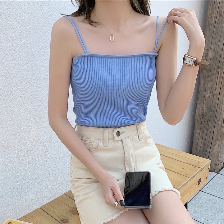 T962 • Korea Knit Tanktop Two Straps Import • Singlet Rajut Inner Fashion Wanita-Blue