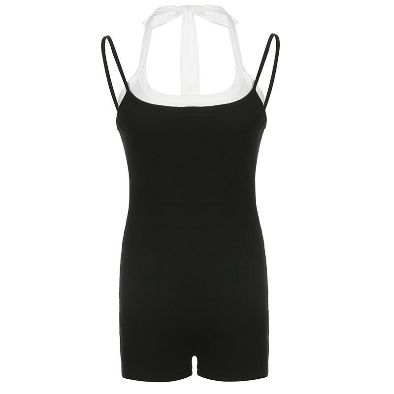 Rapcopter Eropa dan Amerika warna kontras palsu dua potong strappy jumpsuit wanita ramping dan ramping menari hot girl suspender top