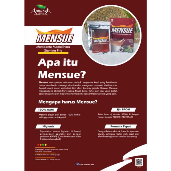 Mensue Kopi Gingseng Korea Minuman Serbuk Stamina Pria Dewasa Isi 5 Sachet / Kopi Jahe Purwoceng Pasak Bumi