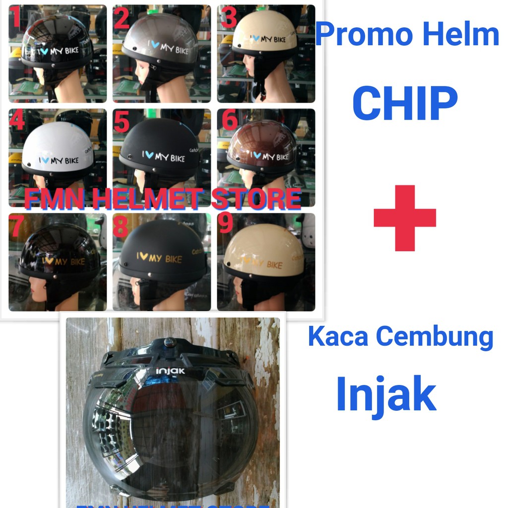 Helm Chip Catok Vespa I Love My Bike + Kaca Bogo Merek Injak