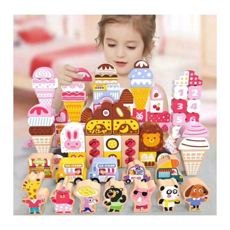 Ice Cream Building Block Dessert Blocks 116 pcs / Wooden Mainan Anak Kayu Toko Ice Cream / Wooden To