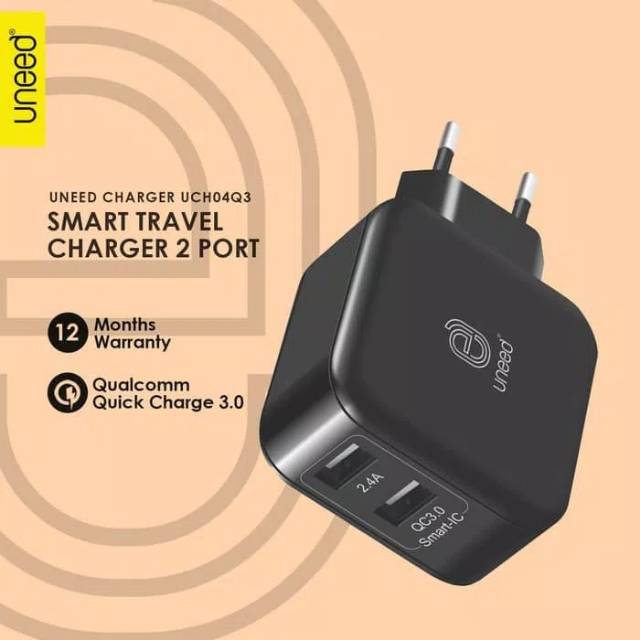 PRODUK UNEED ORIGINAL 100%
UNEED Dual 2 Port USB Smart Wall Charger Qualcomm Quick Charge 3.0