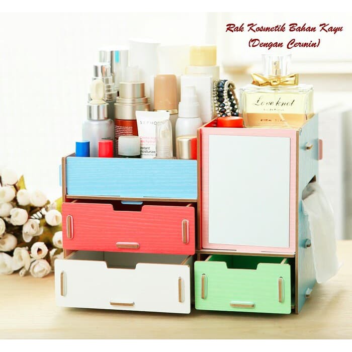 Rak kosmetik makeup bedak lipstik hand body meja rias mini kaca kayu