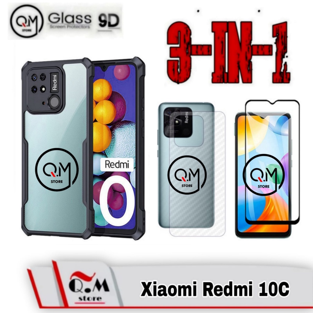 Paket 3 in1 Case Transparan Xiaomi Redmi 10C Softcase Transparan Armor Acrilik Pelindung Back Cover