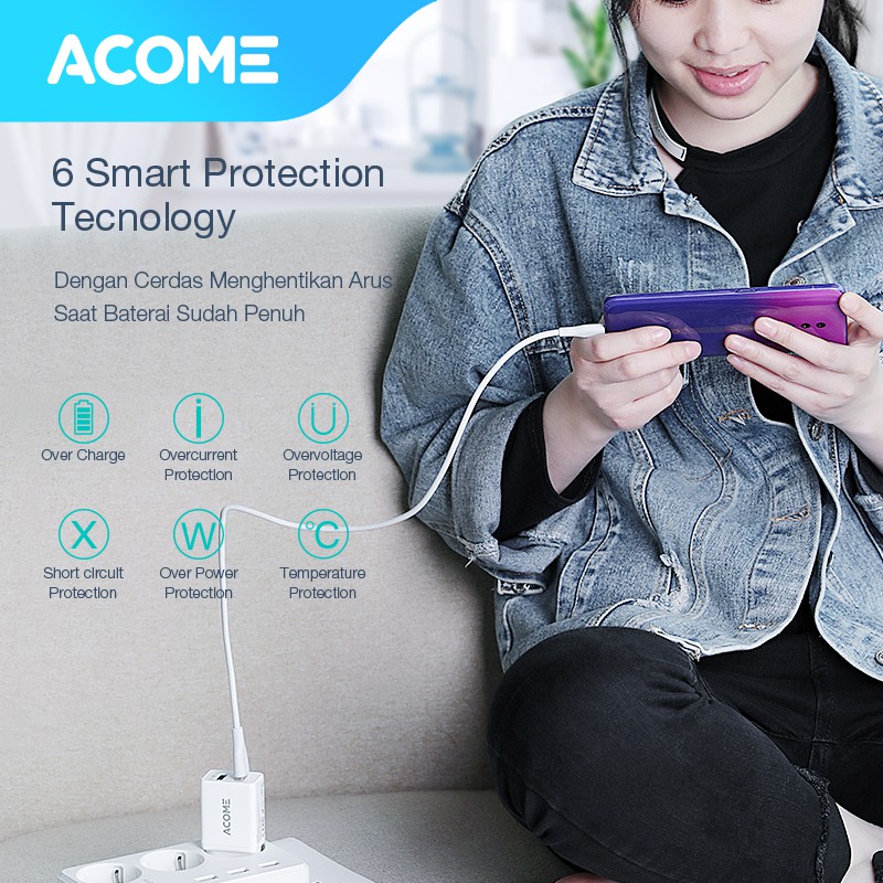 ACOME Charger Adaptor Original 2.4 A AiC Fast Charging 2 Port Micro USB Samsung OPPO iPhone AC03