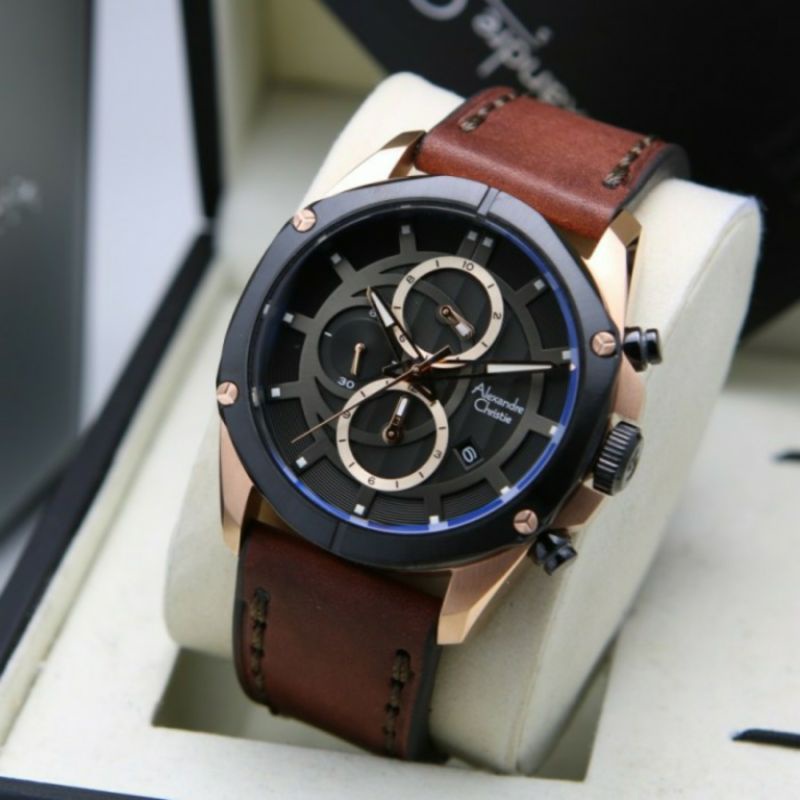 TERMURAH Jam Tangan Pria Alexandre Christie AC 6589 AC6589 6589MC Rosegold Black Brown Leather Origi