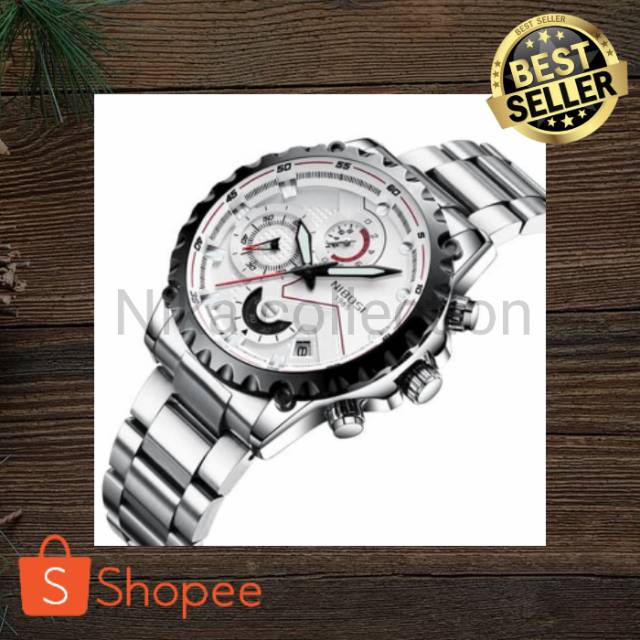 Jam Tangan Pria Original NIBOSI Chronograph 2322 Anti Air Silver White