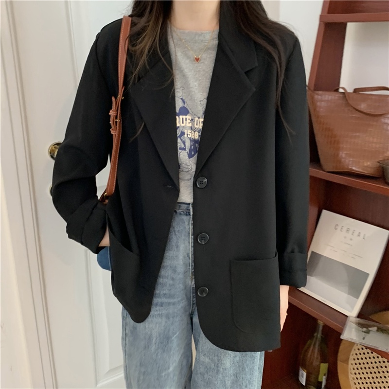 Saku Hitam Hijau Blazer Kasual Lengan Panjang Model Longgar Warna Solid Gaya Korea Untuk Wanita