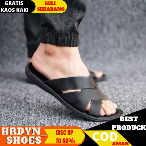 sandal sendal slop pria cowok laki laki dewasa casual kulit asli murah original BARLIN sandal kulit sampai ke alas nya