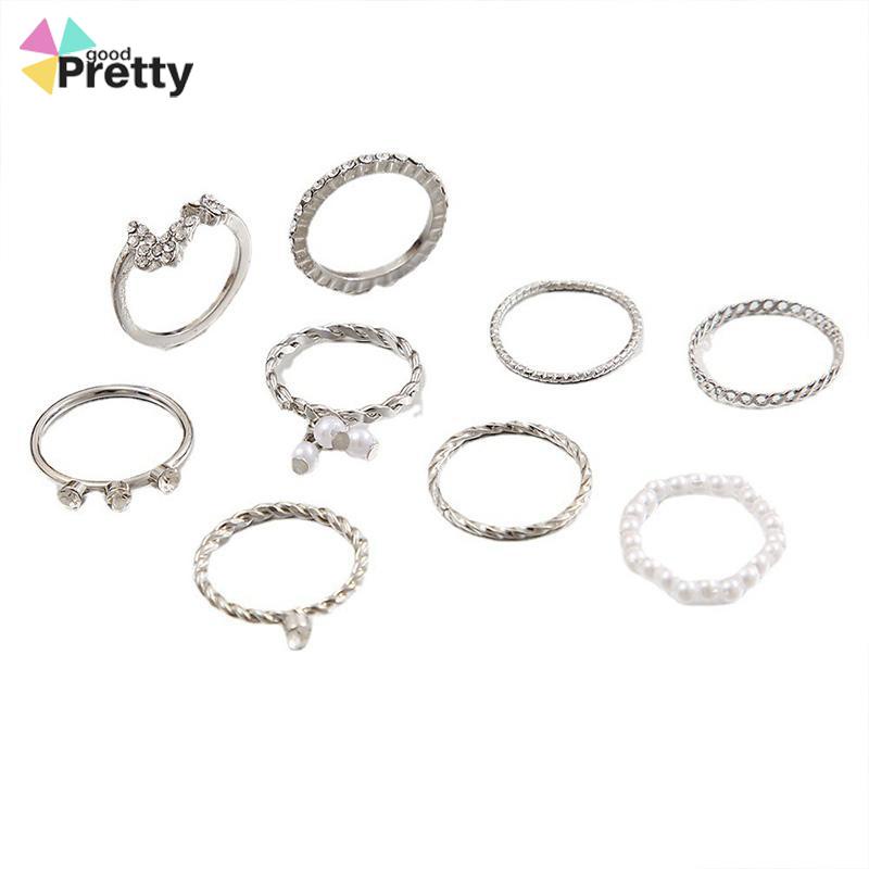 9PCS Set Cincin Wanita Tipis Berongga cincin Mutiara Kristal Kupu-kupu Berlian Premium Knuckle Ring