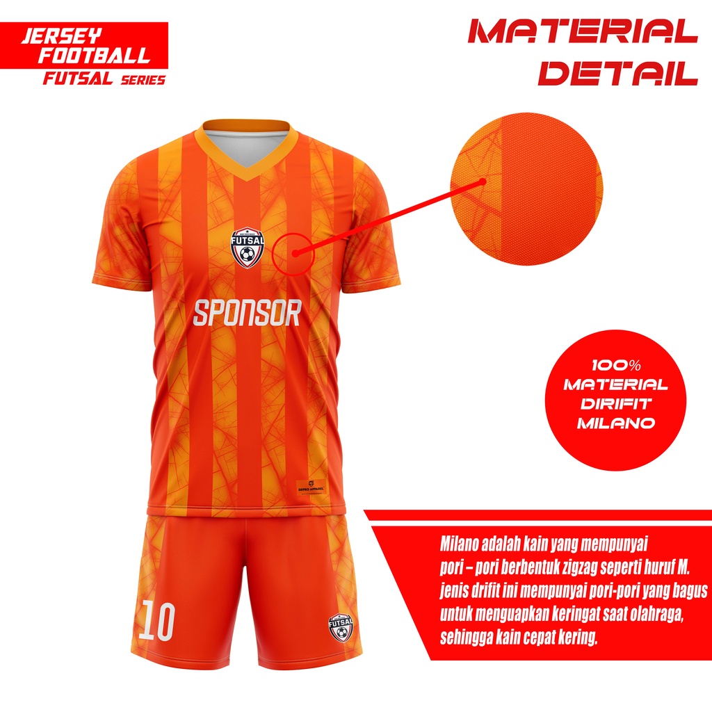 JERSEY KAOS FOOTBALL PREMIUM DRYFIT MILANO SERIES III ORANGE (CUSTOM LOGO, SPONSOR)