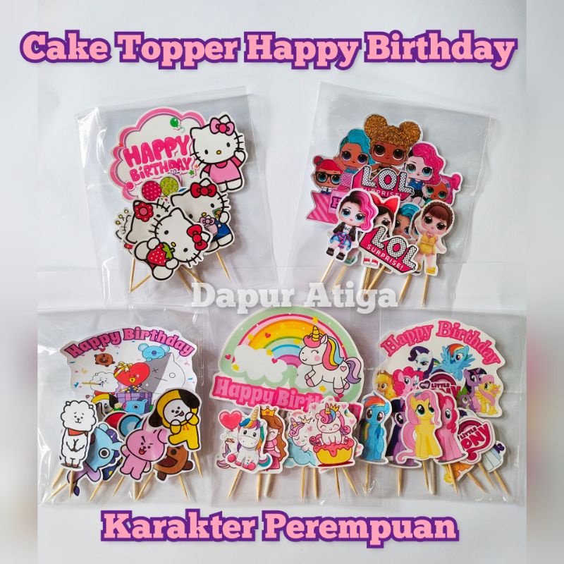 CAKE TOPPER HAPPY BIRTHDAY / HIASAN KUE ULANG TAHUN KARAKTER TEMA ANAK PEREMPUAN