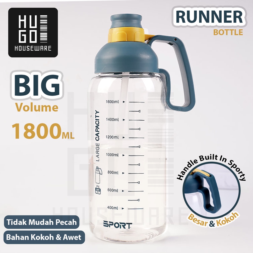 HUGO Botol Minum Bening Besar Jumbo 1800 ml Anti Bocor dengan Handle dan Sedotan Premium Quality