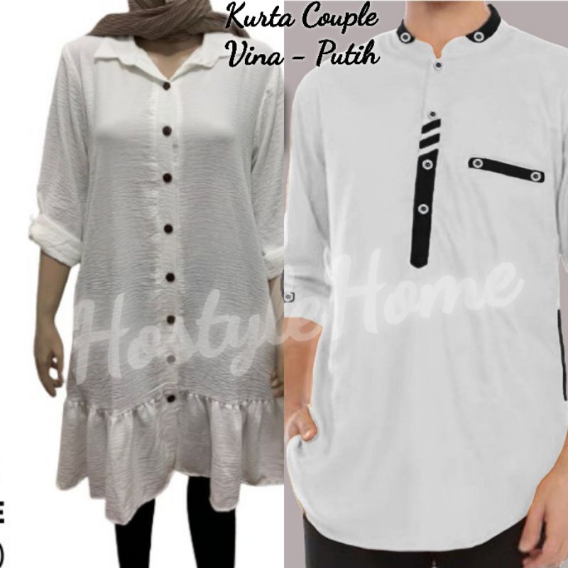 VINA  - Bisa COD Baju TUNIK KURTA Couple Lengan 3/4 Koko Pria Wanita Muslim Bahan Crinkle Katun Acar