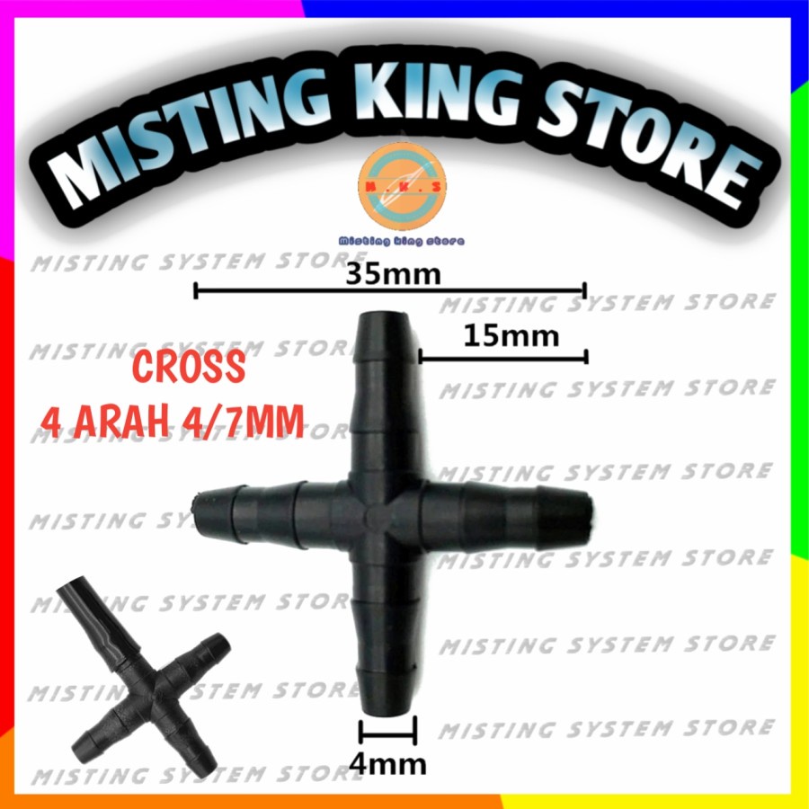 KONEKTOR NEPEL CROSS 7MM 4 ARAH WAY CABANG IRIGASI TEE SELANG PE 7 MM