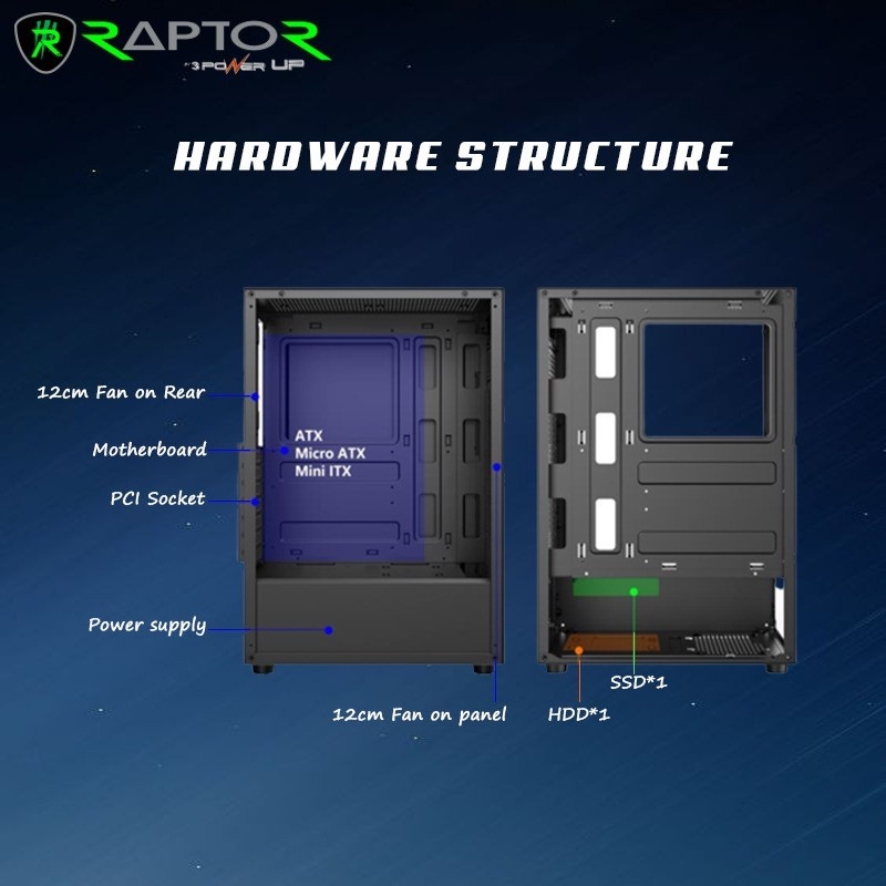 Power UP RAPTOR 1615 - LED Front Strip Casing PC Gaming Black Strike